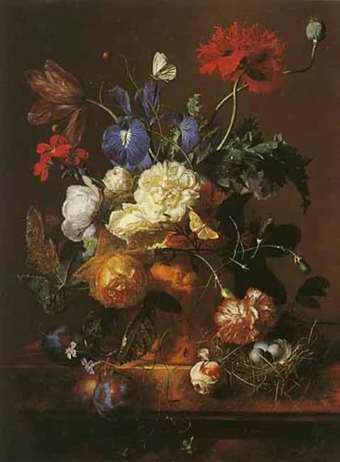 Vase of Flowers in a flower pot and a bird's nest on a marble slab by Jan Van Huysum